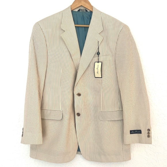 NWT Tan & Cream Seersucker Alan Flusser Mens Blazer 44 Classic Preppy Wedding